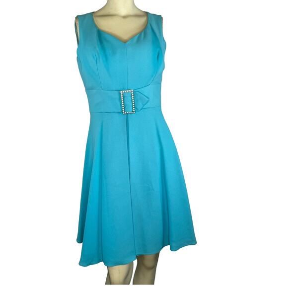 American Vintage 50's Blue Sleeveless Pleated Belted Gemstone Dress small - Picture 13 of 15
